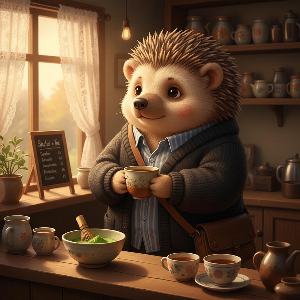 Der kleine Igel at the counter of Stachel & Tee, a cup of matcha in hand, thinking about something distant