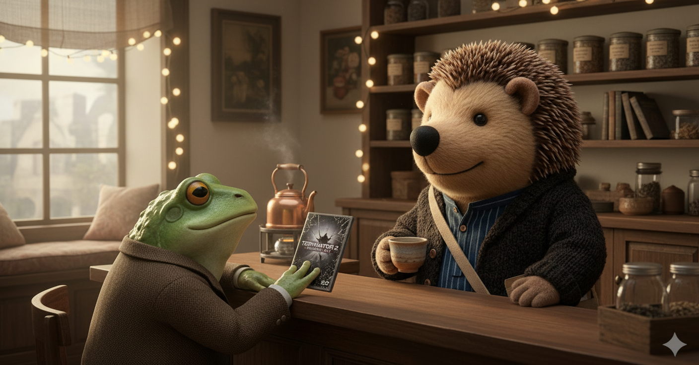 Froggy at Stachel & Tee — sitting at the counter with a DVD, steaming kettle, fairy lights