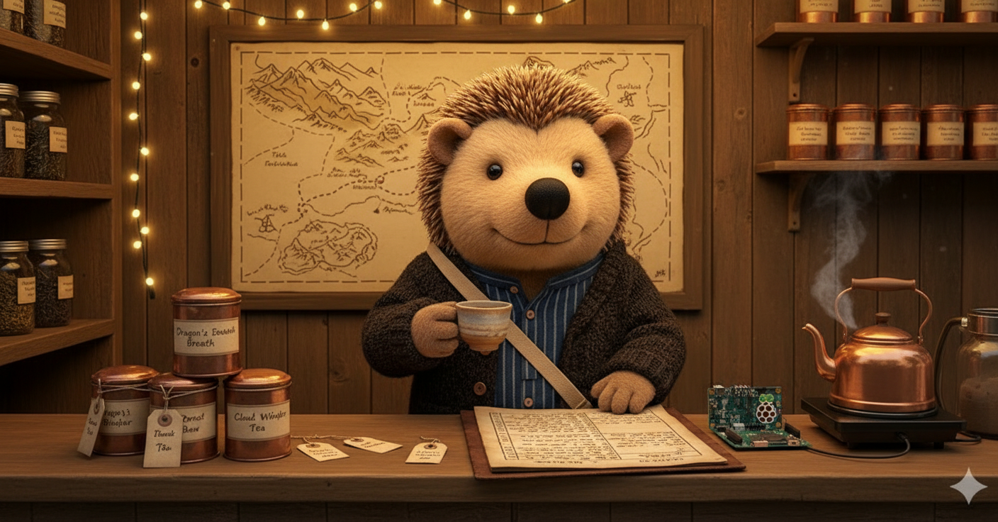 Der kleine Igel behind the counter with a cargo manifest, tea tins, and a map