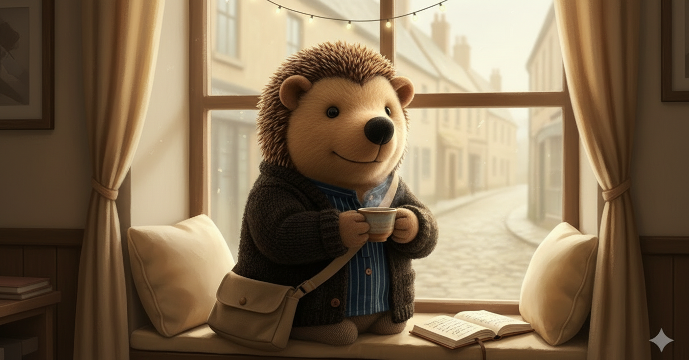 Der kleine Igel in the window seat of Stachel & Tee on a Sunday morning, holding a teacup, sunlight streaming through the window