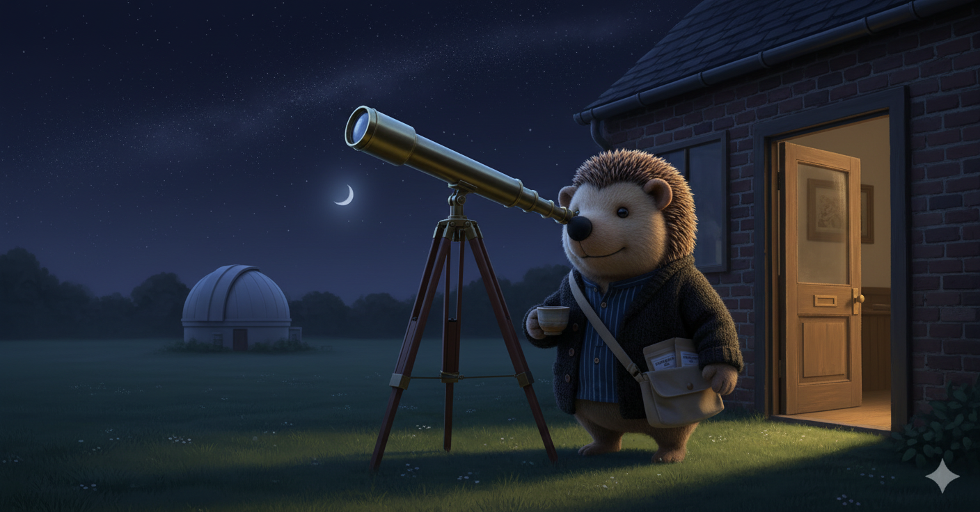 Der kleine Igel at a telescope behind the tea shop, teacup in hand, looking up at a star-filled night sky
