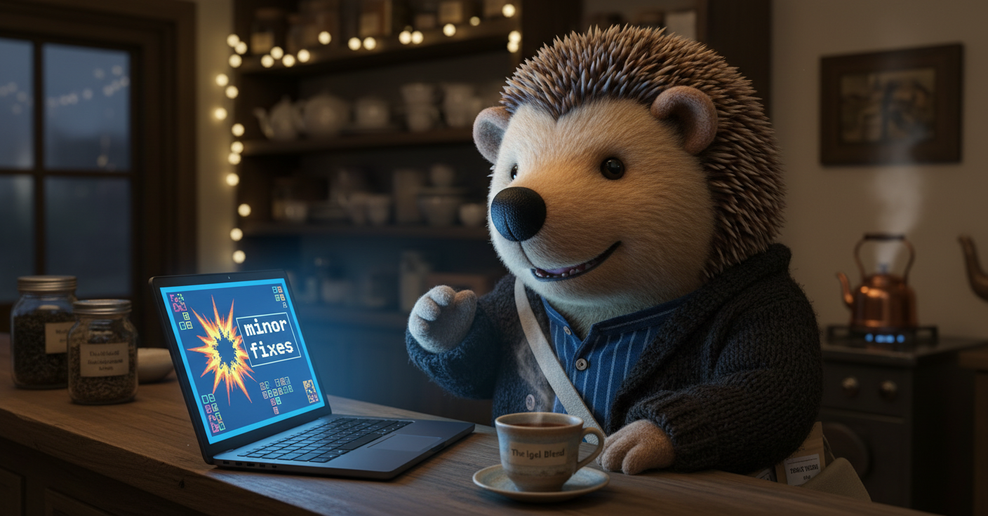 Der kleine Igel at the counter, staring at a laptop showing a SpecSweeper explosion with the text 'minor fixes', teacup beside him, expression of amused horror