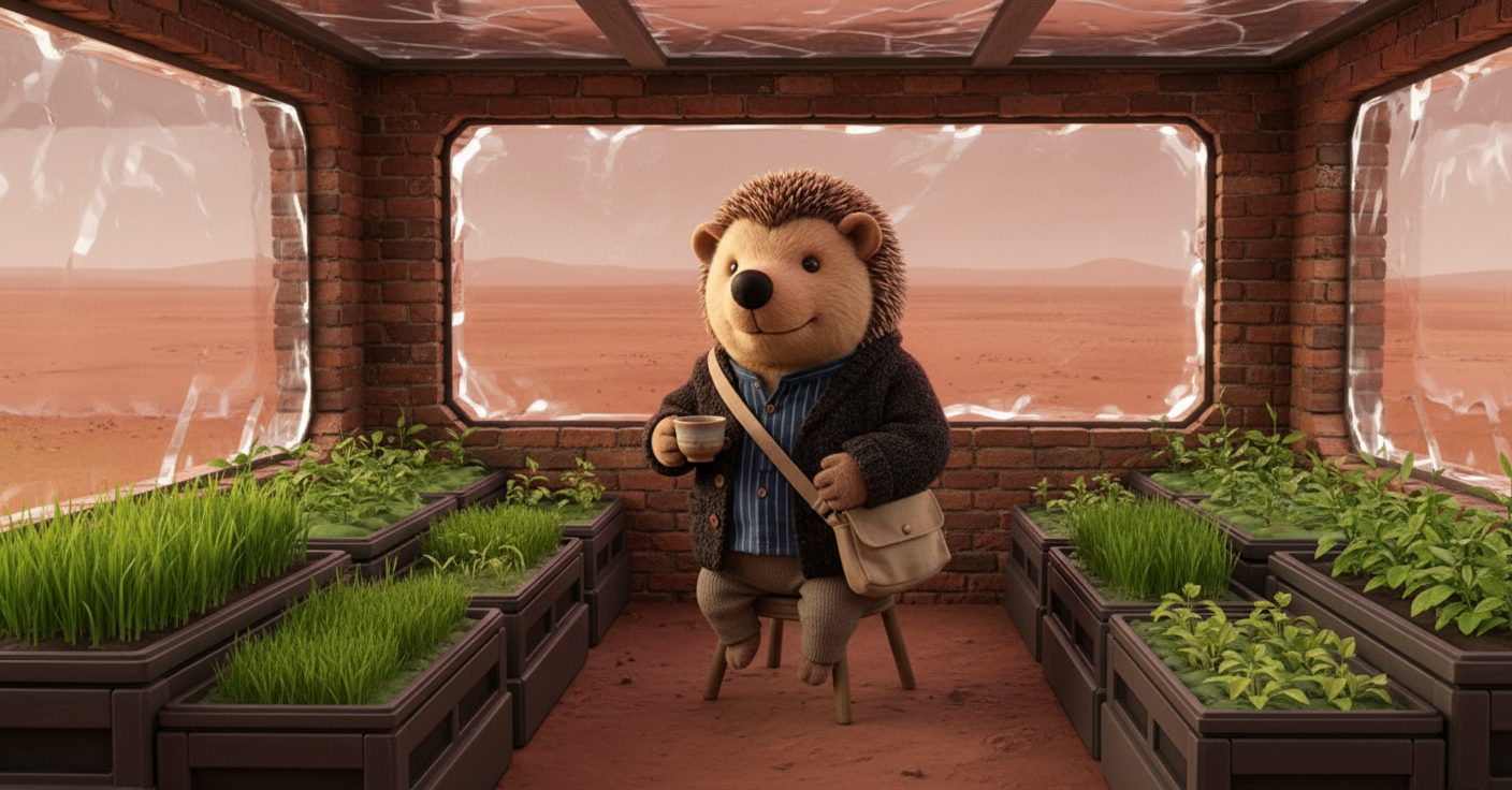 Der kleine Igel inside a small Martian greenhouse habitat, sitting on a wooden stool holding a teacup, surrounded by thriving green plants under LED lights, with a viewport showing the red Martian landscape beyond ice-panel walls