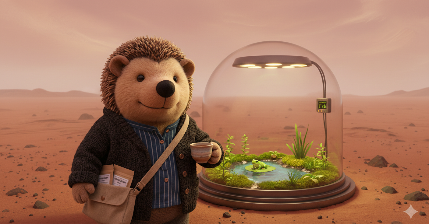 A small frog sitting on a lily pad inside a glass habitat dome on the Martian surface. Beyond the glass, the red desert stretches to the horizon under a hazy orange sky. Warm amber lights inside, cold red desert outside.